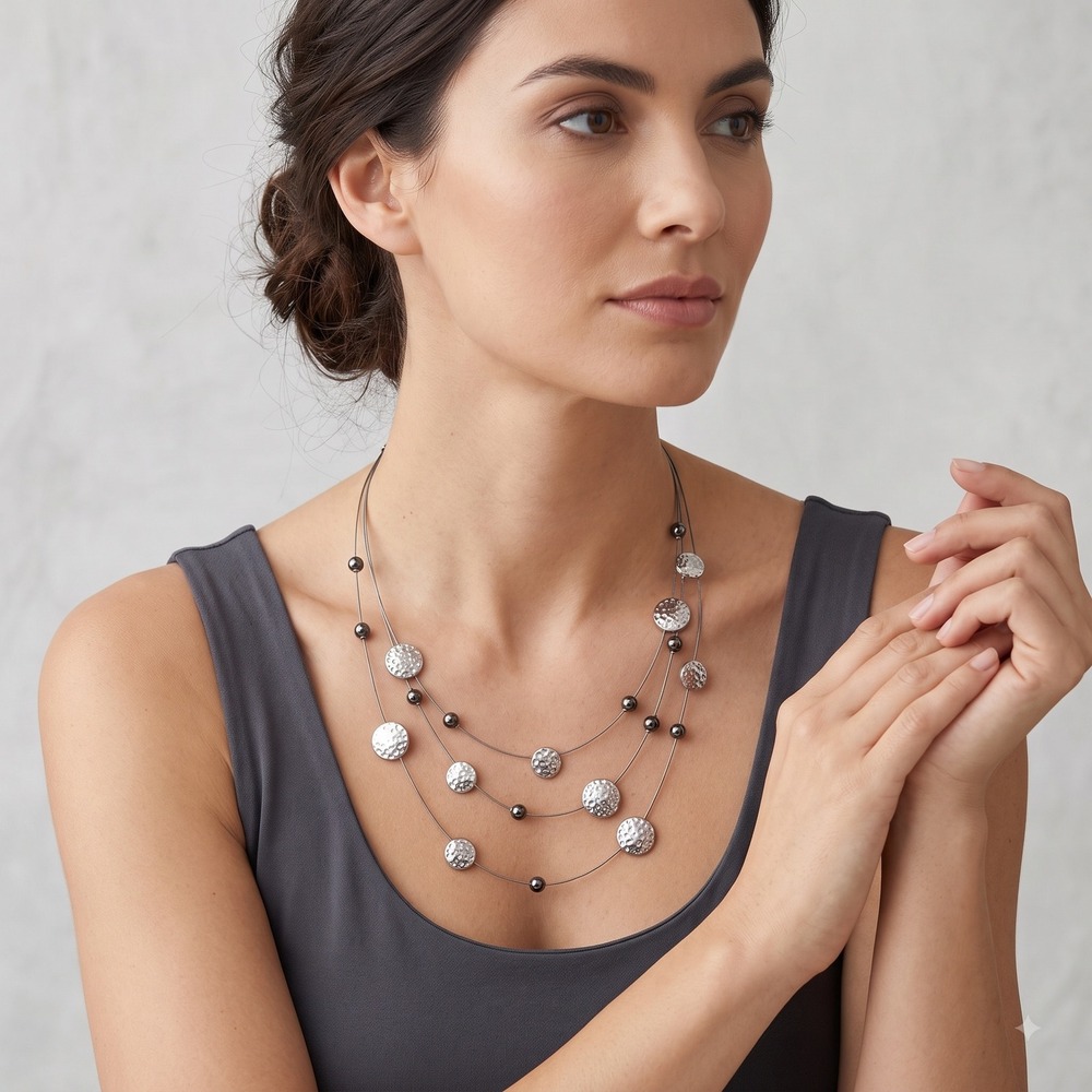 Silver Tone Triple Strand Wire Necklace Hammered Disc Beaded Layered Minimalist